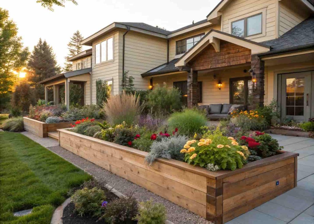 A beautifully designed cedar raised garden bed in a front yard filled with colorful flowers, trailing plants, and ornamental grasses, matching the home's exterior style, afternoon sunlight, clean and modern garden aesthetic, architectural photography.