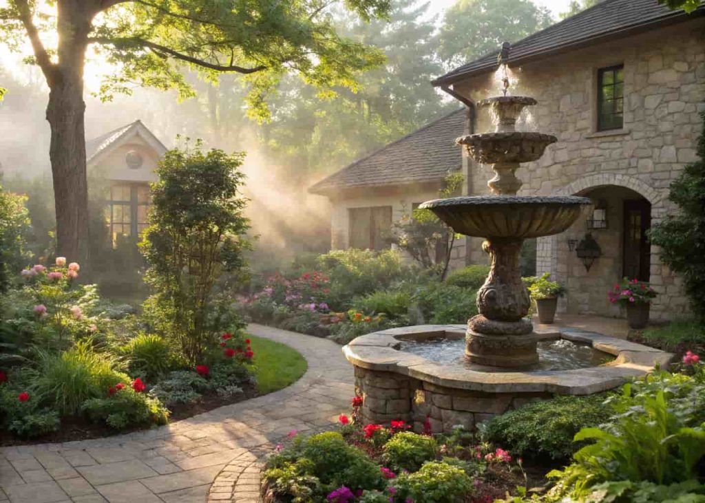 A charming small stone fountain surrounded by lush green garden plants and flowers in a cozy front yard, soft water mist, dappled sunlight through leaves, peaceful and serene atmosphere, lifestyle garden photography.