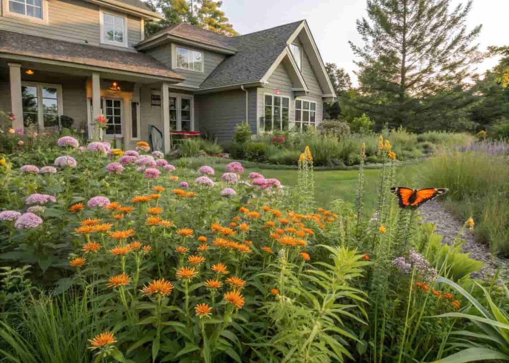 A front yard garden planted entirely with native wildflowers and grasses, including butterfly weed, wild bergamot, and native ferns, natural and organic look, soft natural lighting, pollinators visible, ecological garden photography.