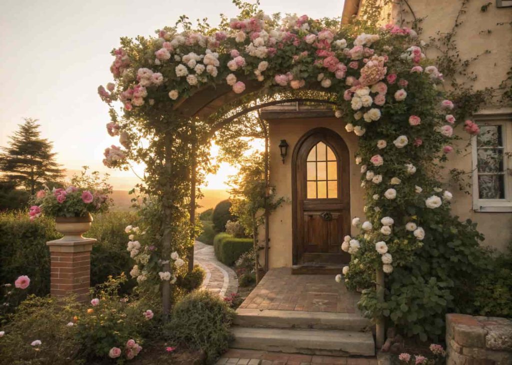 A romantic front entryway with lush climbing roses in soft pink and white trained over a wooden arch leading to a charming front door, full bloom, golden hour sunlight, dreamy and enchanting atmosphere, fine art garden photography.