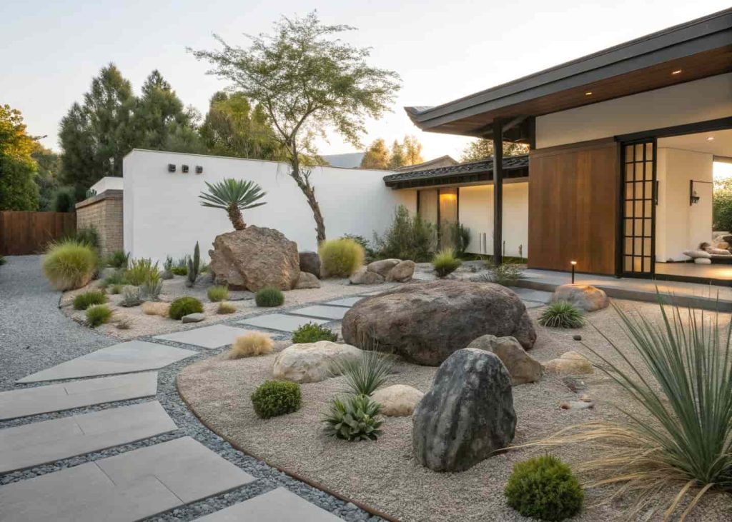 A beautifully designed front yard zen rock garden with decorative boulders, smooth gravel, ornamental grasses, and agave plants, minimal and modern aesthetic, warm midday light, clean lines, architectural landscape photography.