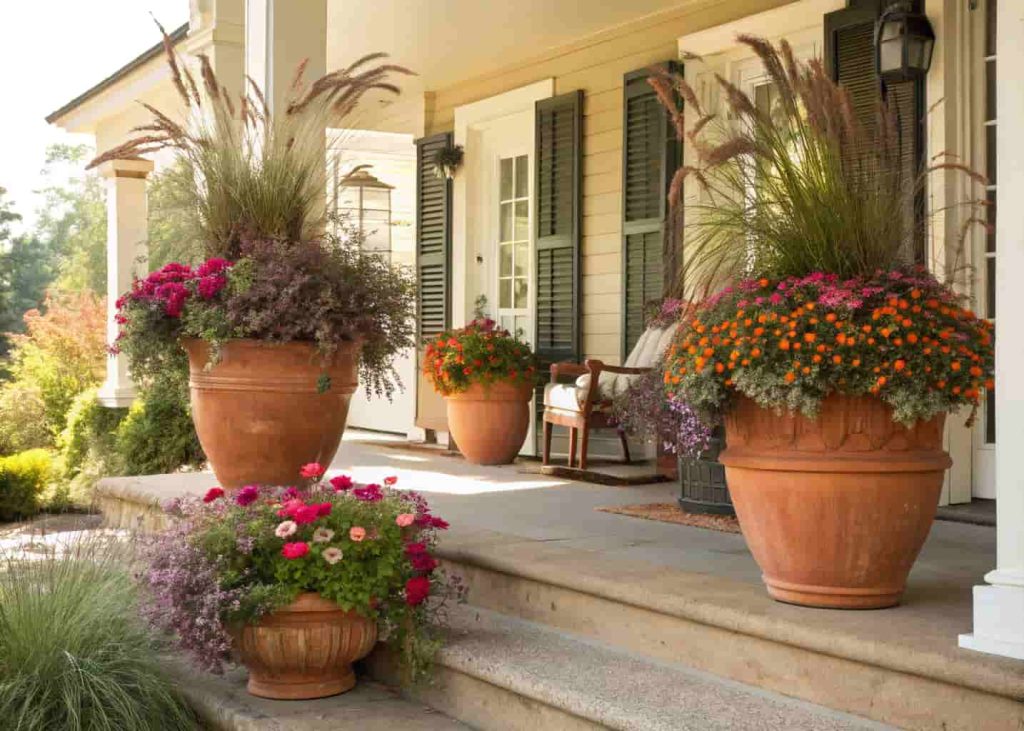 A charming front porch with large decorative planters filled with colorful flowers, trailing vines, and ornamental grasses arranged at varying heights, terracotta and ceramic pots, bright summer light, welcoming and vibrant, lifestyle photography.