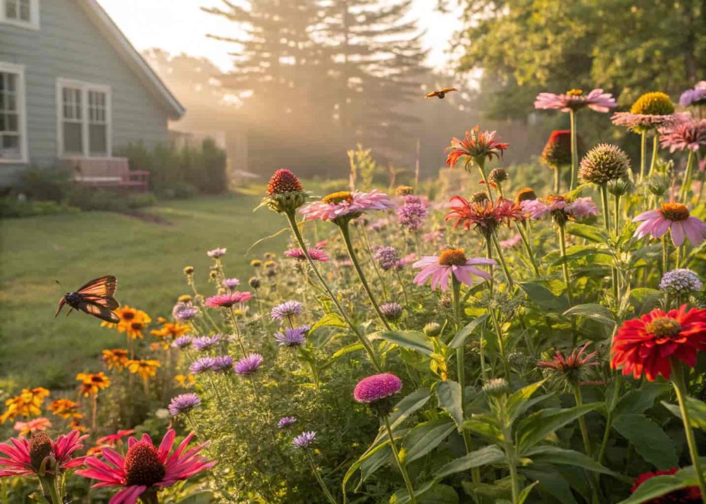 A vibrant front yard pollinator garden with echinacea, zinnias, salvia, and milkweed in full bloom with butterflies and bees visible, golden sunlight, lush and colorful, wild and joyful energy, nature photography style.