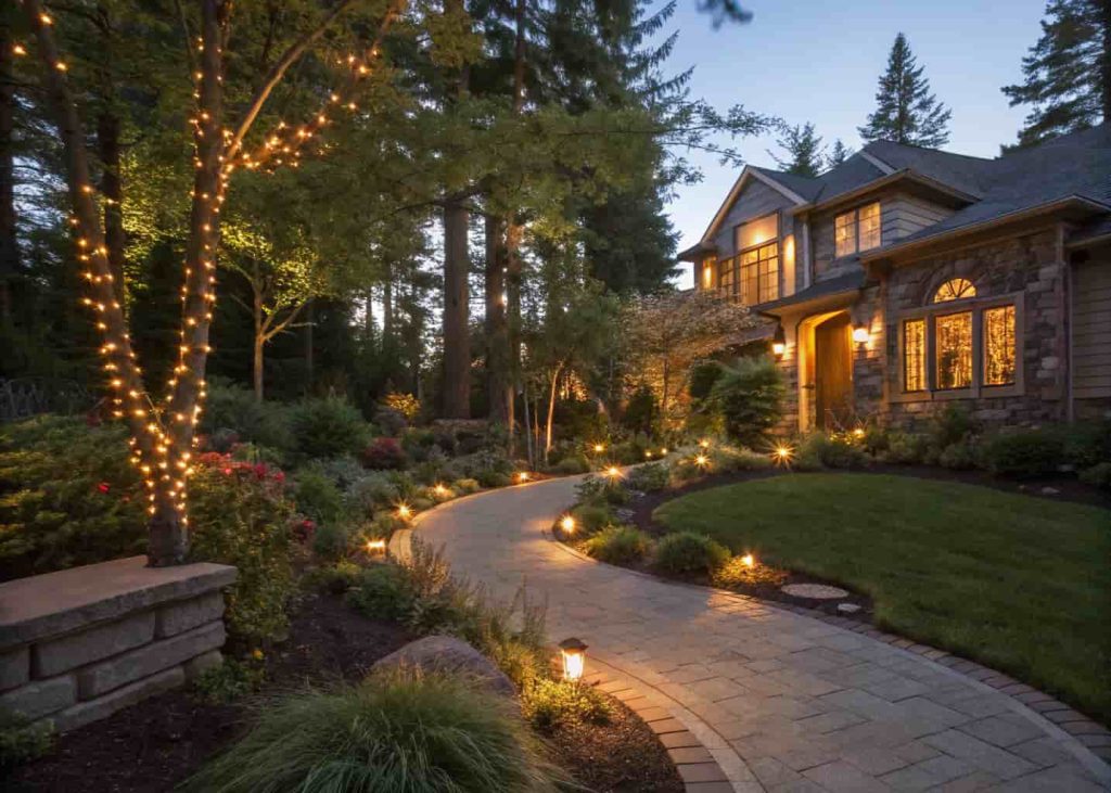 A beautifully lit front yard garden at dusk with warm solar path lights, soft uplighting on shrubs and trees, string lights along a fence, glowing and magical atmosphere, blue hour photography, cozy curb appeal, long exposure style.