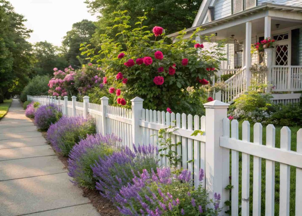 A charming white picket fence along a front yard garden border with climbing roses and lavender growing alongside it, lush greenery behind, bright sunny day, classic American home exterior, warm and welcoming curb appeal photography.