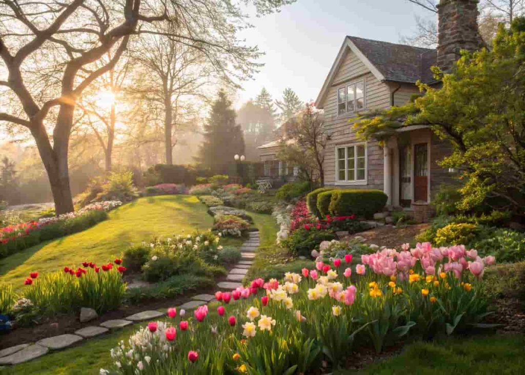 A stunning front yard garden with a colorful mix of blooming spring bulbs including tulips in pink, red, and yellow, daffodils and hyacinths, lush green garden bed, bright spring morning sunlight, fresh and cheerful, landscape photography.