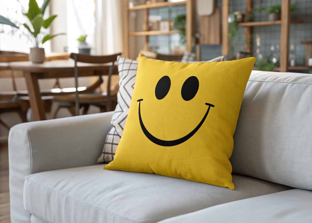 A bright sunshine yellow throw pillow with a large bold black smiley face, placed on a white linen sofa, cozy living room background, warm natural lighting, cheerful and fun aesthetic, product photography style, high resolution