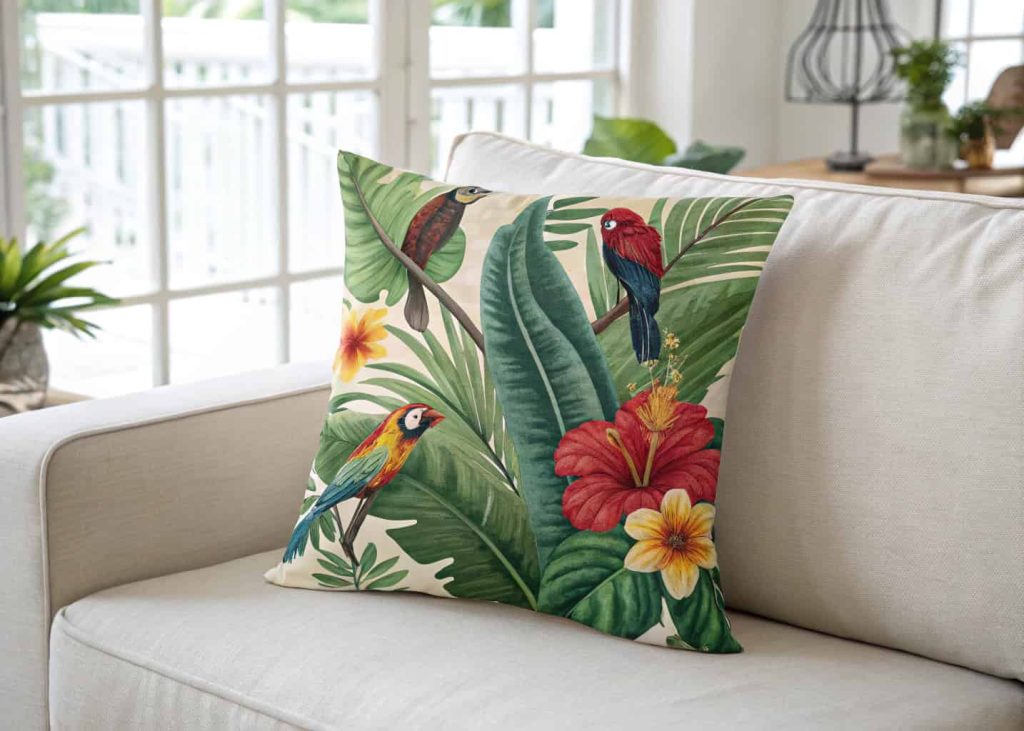  A decorative throw pillow with a lush tropical jungle print featuring large green leaves, colorful birds, and hibiscus flowers, placed on a beige couch, bright airy room, lifestyle interior photography, vivid colors