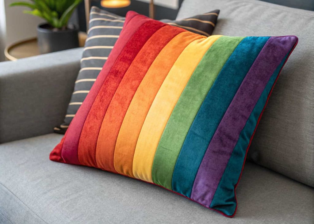 A velvet throw pillow with bold rainbow horizontal stripes in red, orange, yellow, green, blue, purple, placed on a grey sofa, modern living room, soft studio lighting, rich and vibrant colors, close-up texture detail