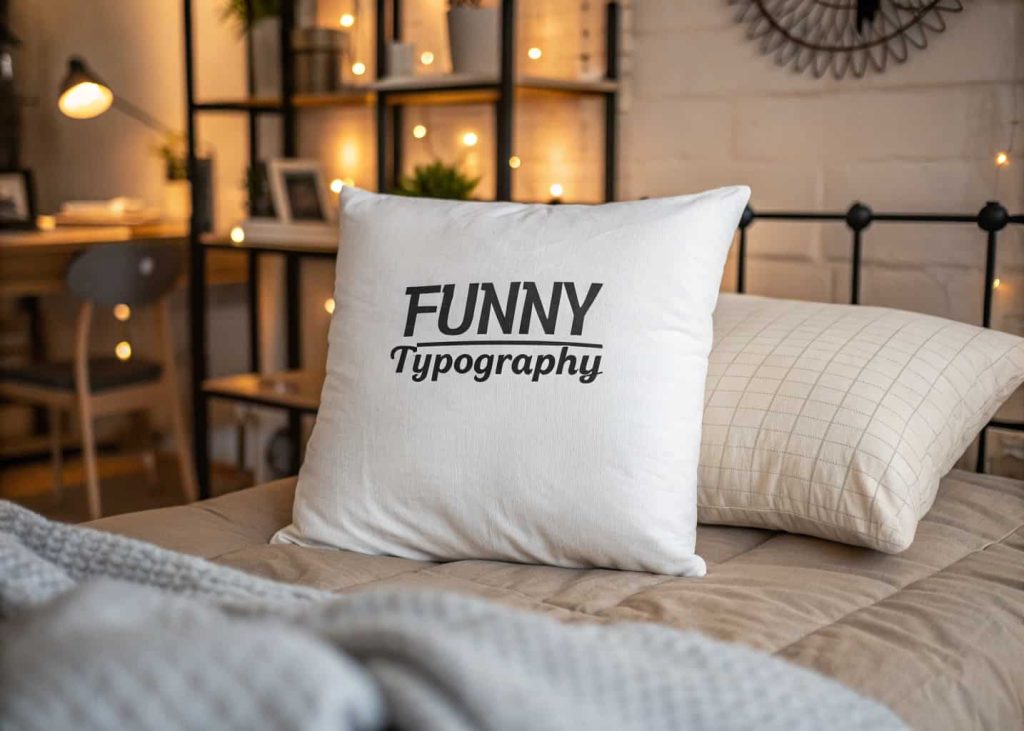 A white throw pillow with bold black funny typography quote printed on it, placed on a cozy bed with neutral bedding, warm bedroom lighting, minimalist style, lifestyle interior photography