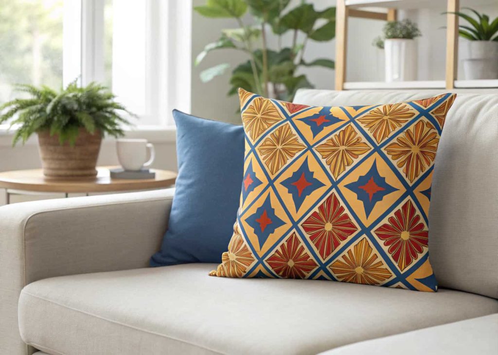 A decorative throw pillow with bold colorful geometric pattern in mustard yellow, cobalt blue, and terracotta, placed on a neutral sofa, modern living room, bright natural light, overhead flat-lay and side view, crisp and graphic aesthetic