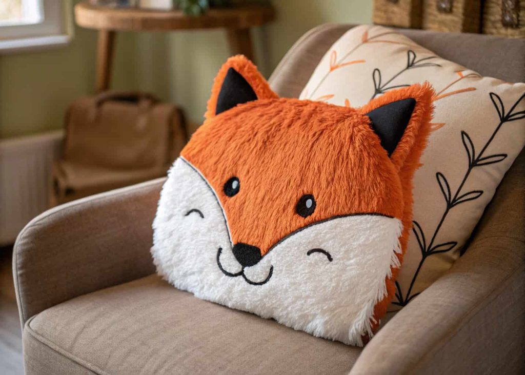 A cute plush throw pillow shaped like a fox face with faux fur texture, orange and white colors, black embroidered details, placed on an accent chair, cozy warm room, lifestyle photography, soft focus background