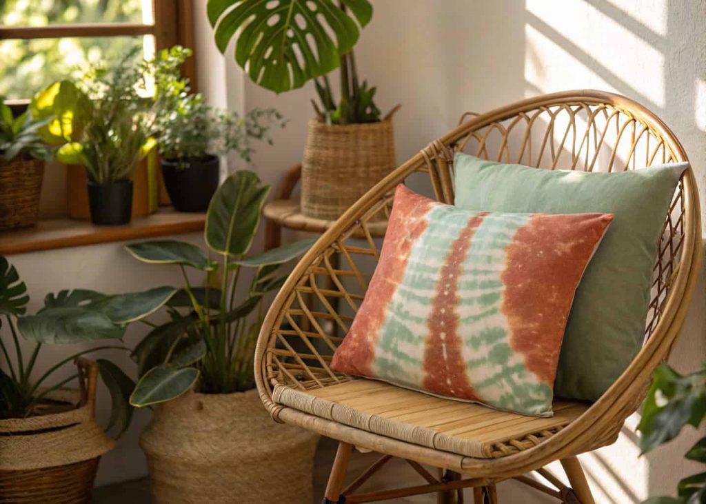 A boho tie-dye throw pillow in earthy terracotta and sage green tones, placed on a rattan chair surrounded by plants, warm sunlit room, organic texture, lifestyle bohemian interior photography