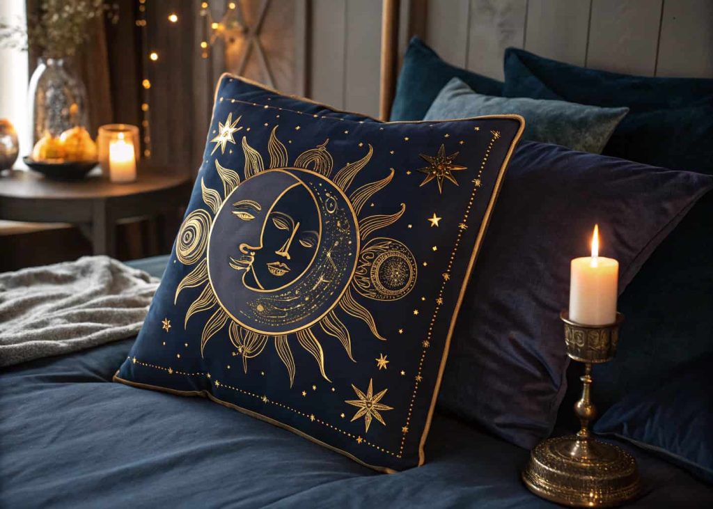 A decorative throw pillow with an illustrated celestial sun and moon design in deep navy blue and gold, embroidered star details, placed on a dark velvet bed, moody mystical bedroom, warm candlelight ambiance, editorial interior photography