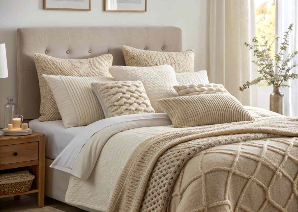 A neatly made bed with layered beige, cream, and off-white decorative pillows in chunky knit, linen, and velvet textures, soft morning light, cozy bedroom interior, editorial photography style