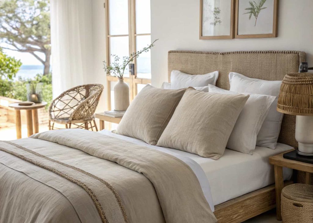 A bed styled with two large oversized Euro sham pillows in washed linen placed at the headboard, minimalist bedroom, natural light, earth tones, interior design photography