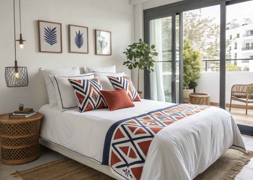 A bed with bold geometric print decorative pillows in terracotta and navy on white cotton, modern bedroom, clean lines, bright natural light, styled interior photography