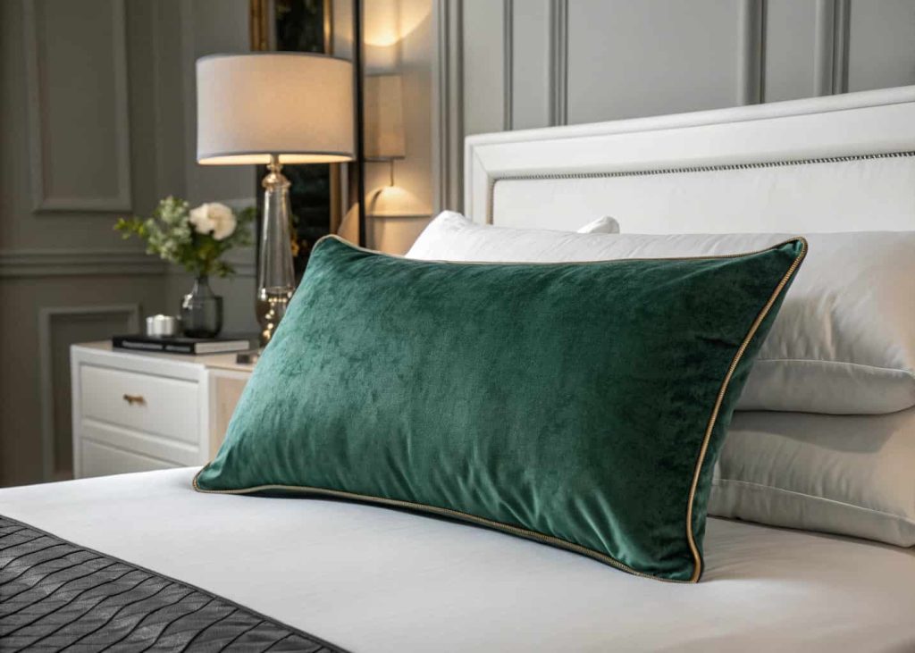 A velvet lumbar pillow in deep emerald green placed at the front of a white bed, luxurious bedroom, moody soft lighting, close-up styling shot, interior design aesthetic