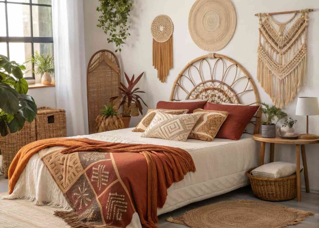 Boho macramé and woven decorative pillows in rust, ochre, and sand colors on a bed, rattan headboard, layered throws, warm earthy bedroom, natural light, lifestyle photography