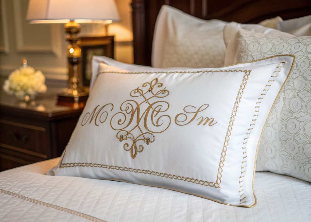 A white decorative pillow with elegant monogram embroidery in gold thread on a neatly made bed, classic bedroom, warm lighting, close-up detail, soft focus background
