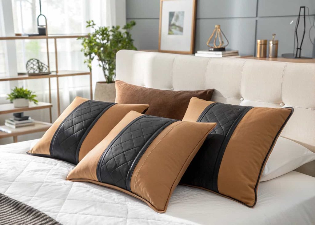 Color block decorative pillows in camel and black arranged on a modern bed, contemporary bedroom interior, clean composition, sharp natural light, editorial style photography