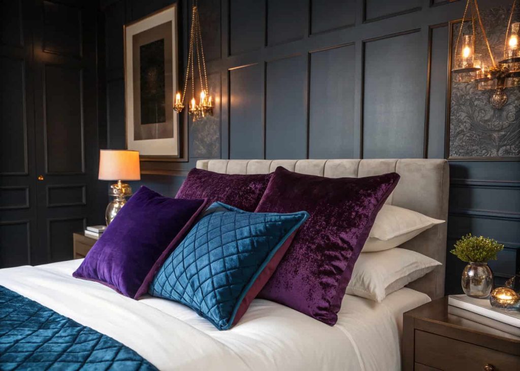 Deep jewel tone decorative pillows in sapphire and amethyst velvet on a white bed, dark moody bedroom, ambient warm lighting, dramatic elegant styling, luxury interior photography