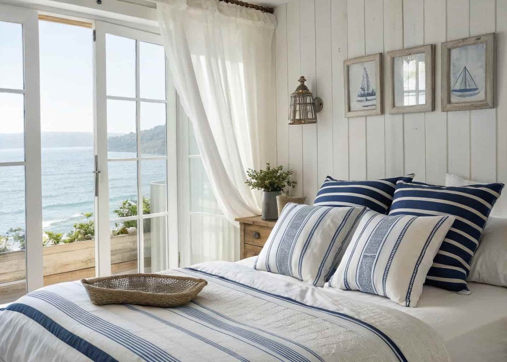 Striped coastal decorative pillows in navy and white on a bed, light airy bedroom, sheer curtains, natural morning light, fresh nautical style, lifestyle interior photography