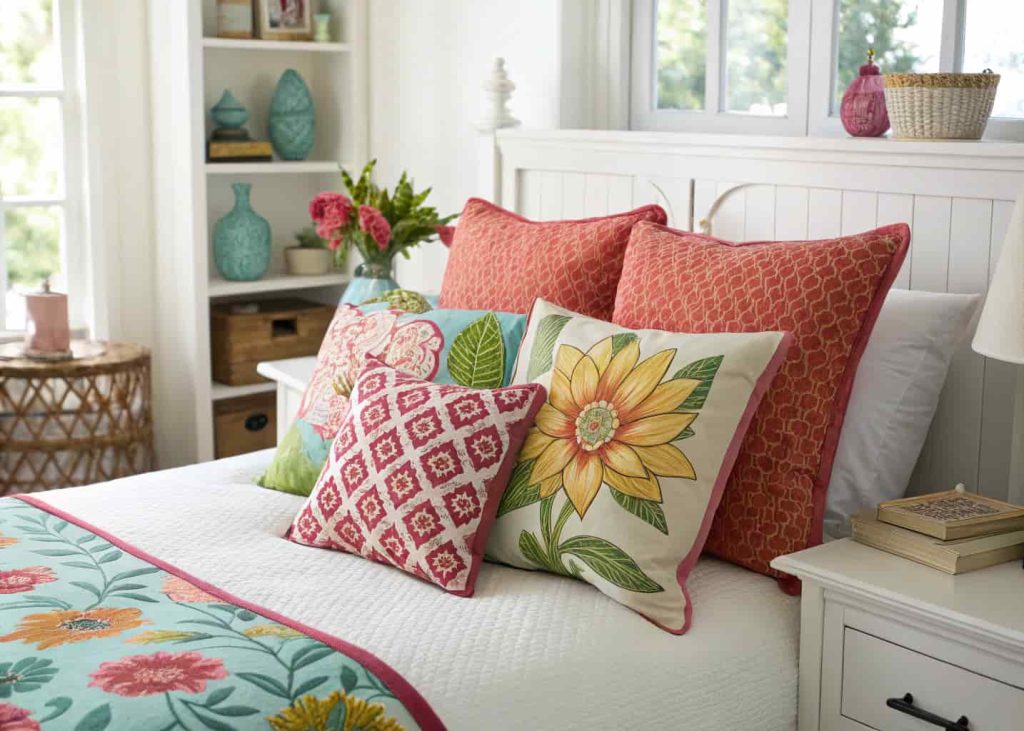 A bed styled with mixed pattern decorative pillows in coordinating colors — large floral, small geometric, and solid accent pillows, eclectic bedroom, bright light, editorial interior photography