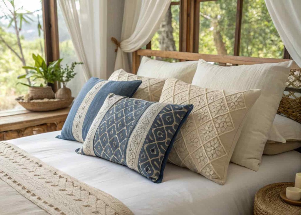 Organic cotton and naturally dyed decorative pillows in undyed white, indigo, and hemp tones on a bed, sustainable minimalist bedroom, soft natural light, artisan textile detail photography