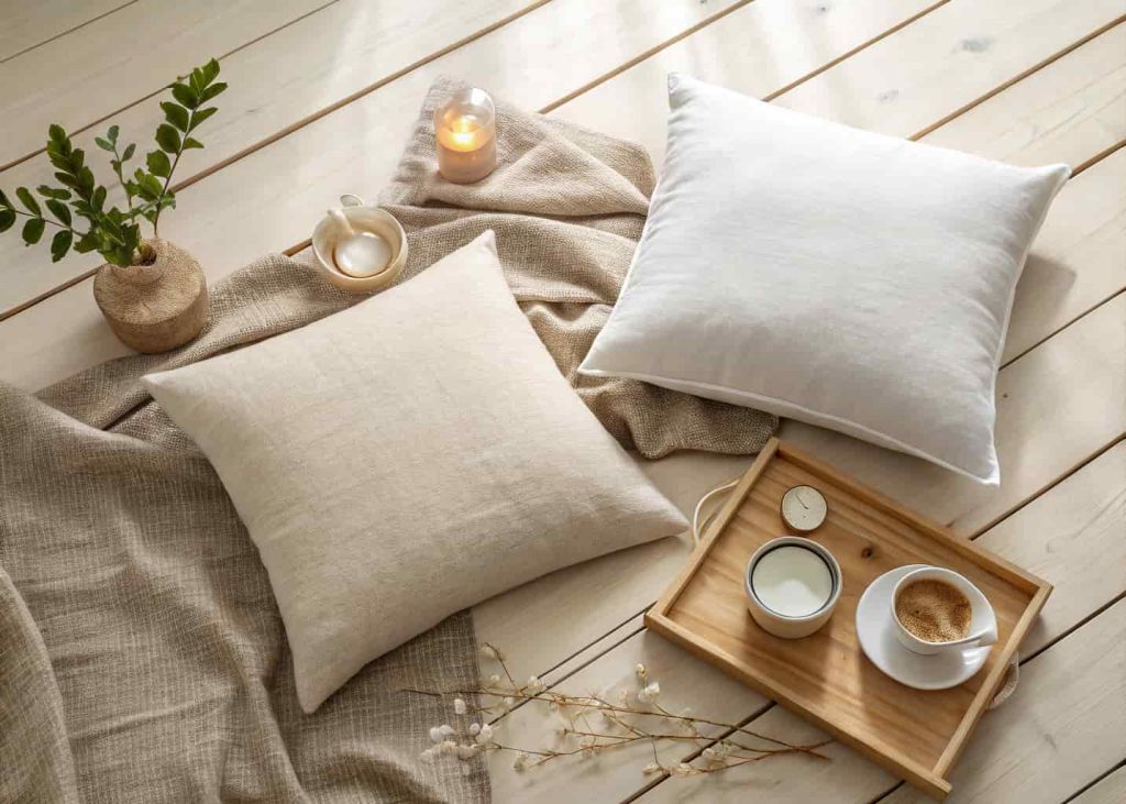 Flat lay of natural linen envelope pillow covers in beige and warm white tones on a light wood surface, soft morning light, cozy minimal aesthetic, high resolution