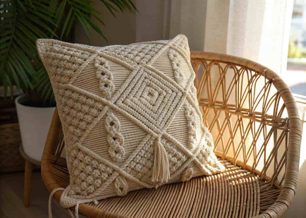 Close-up of a handmade macramé front pillow cover in natural cotton rope, boho style, placed on a woven rattan chair, warm afternoon light, earthy tones