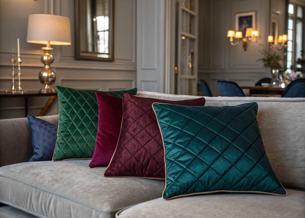 Luxurious velvet patchwork pillow covers in jewel tones of emerald green, burgundy, and deep blue on a grey sofa, moody interior lighting, rich textures