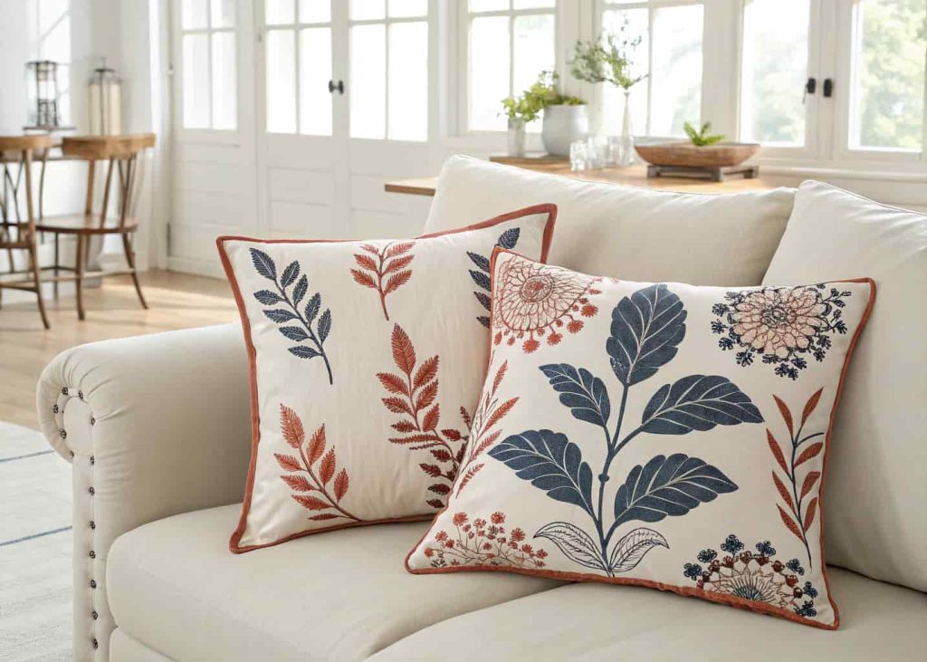 Hand block-printed cotton pillow covers with leaf and floral motifs in terracotta and navy on white fabric, styled on a cream sofa, bright airy room