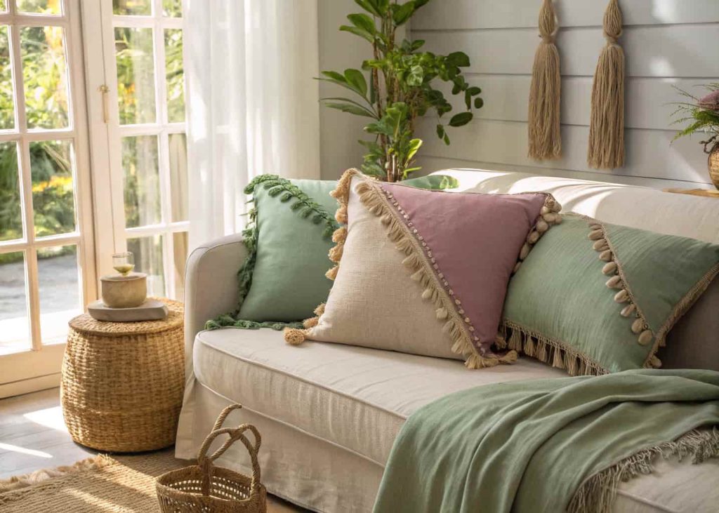 Boho tassel-trimmed pillow covers in sage green and dusty mauve, corner tassels made from cotton string, styled on a linen sofa, warm sunlit room