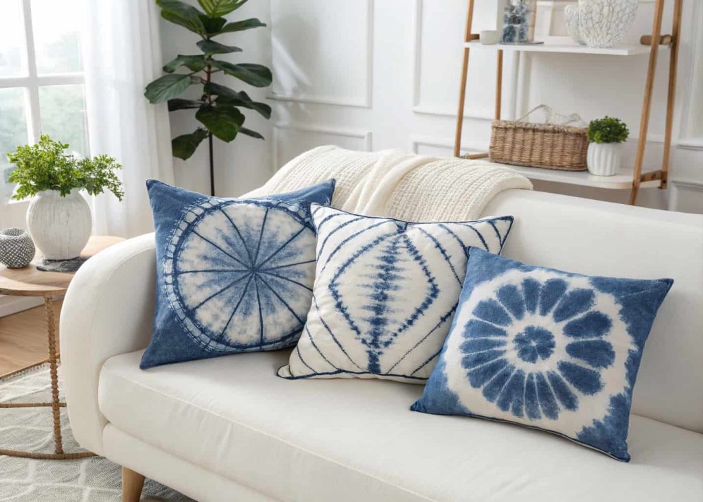Modern tie-dye pillow covers in indigo and white with subtle swirl pattern, arranged on a white couch, clean Scandinavian interior, natural light photography