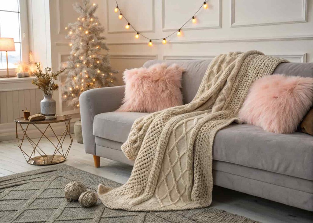 Fluffy cream and blush faux fur pillow covers on a grey velvet sofa with a chunky knit throw blanket, cozy winter living room, warm ambient lighting