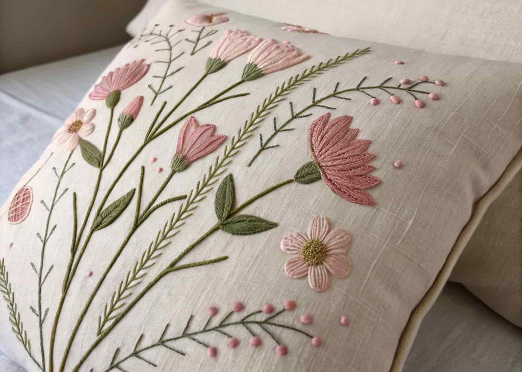 Close-up of hand-embroidered botanical floral pillow cover on natural linen, satin stitch flowers in dusty pink and green thread, soft studio lighting