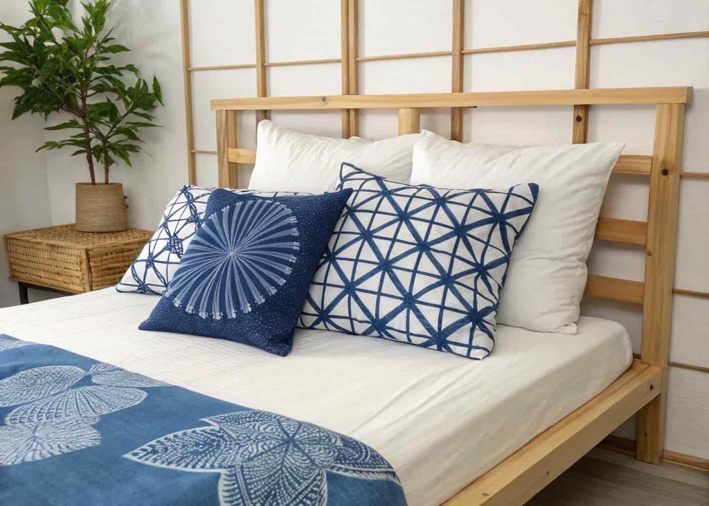 Shibori indigo dyed pillow covers with arashi and itajime resist patterns, arranged on a light wooden bed frame with white linen bedding, Japanese minimal aesthetic