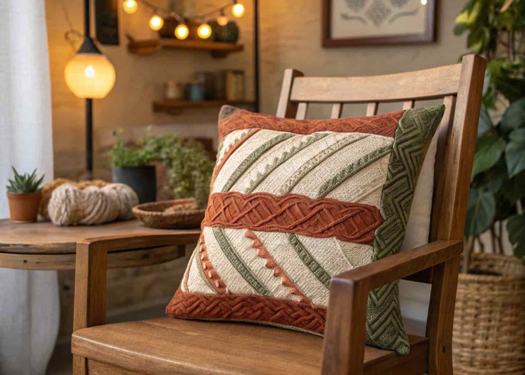 Handwoven fabric scrap pillow cover with earthy tones of rust, cream, and olive, woven texture detail, placed on a wooden chair in a bohemian room
