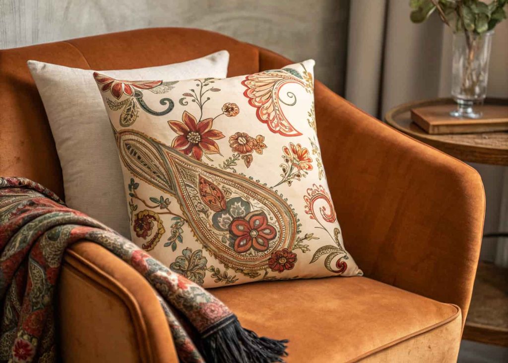 Vintage silk scarf repurposed as a pillow cover with ornate floral paisley print, displayed on a mid-century velvet armchair, warm editorial home photography