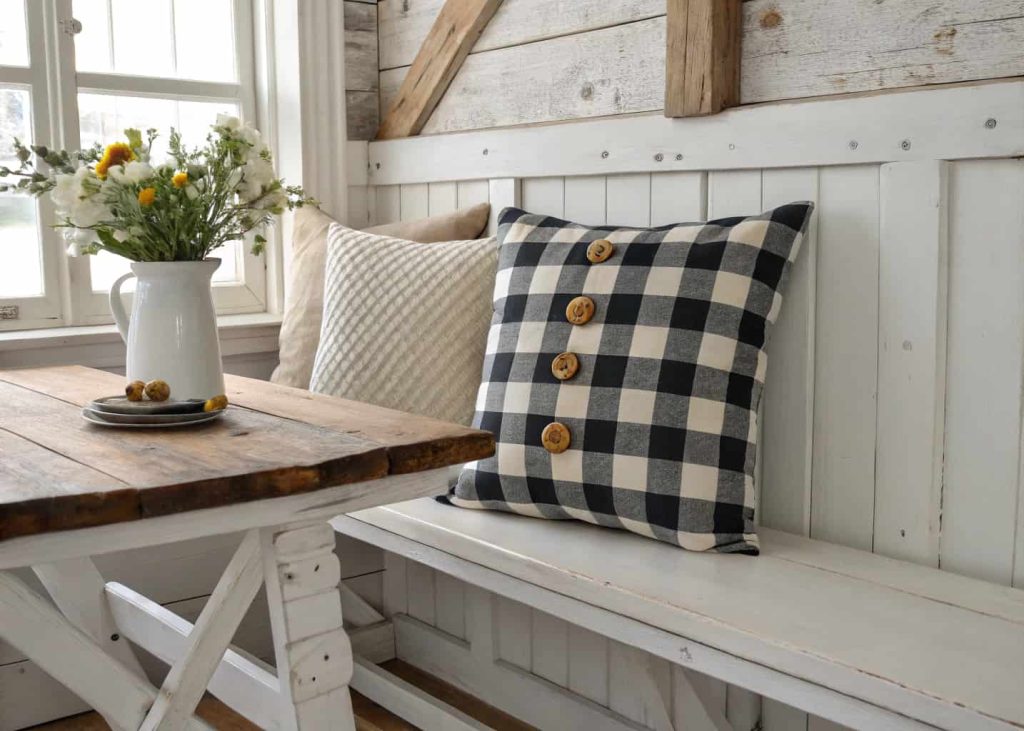 Farmhouse button-up pillow cover in classic black and white buffalo check fabric with wooden buttons, styled on a shiplap white bench, cozy country kitchen setting