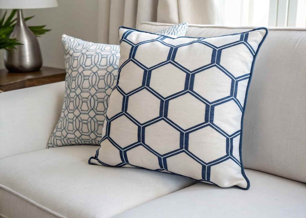 Stenciled geometric hexagon pattern pillow cover in navy blue on white cotton, clean modern design, styled on a Scandinavian minimalist living room sofa