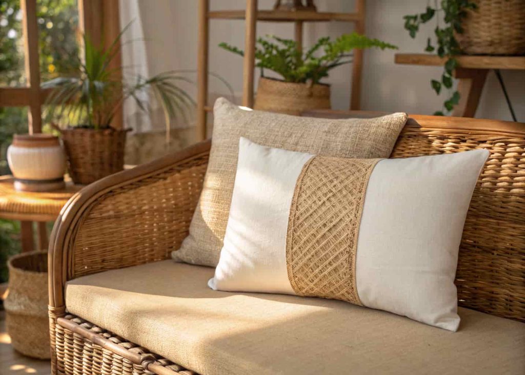 Natural jute and cotton combo pillow cover with woven jute front panel and soft white cotton back, displayed on a rattan sofa, warm organic interior, afternoon sunlight