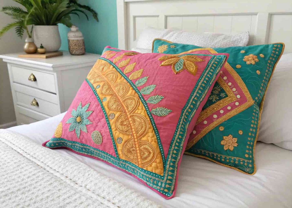 Vibrant kantha quilt pillow covers with hand-stitched running stitch patterns in pink, gold, and teal, styled on a white bed with white linen, bright boho bedroom