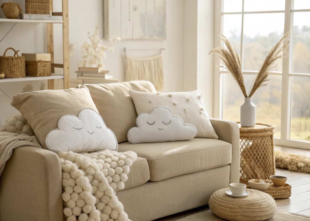  A cozy living room sofa with fluffy white cloud-shaped throw pillows, soft natural lighting, neutral beige tones, warm and dreamy atmosphere, interior photography style.
