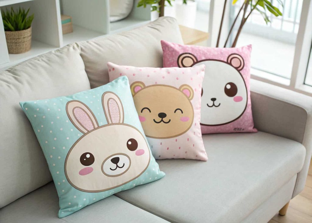 Adorable kawaii animal face throw pillows on a modern sofa, cute bear and bunny faces, pastel colors, bright and cheerful room setting, close-up product lifestyle photography.