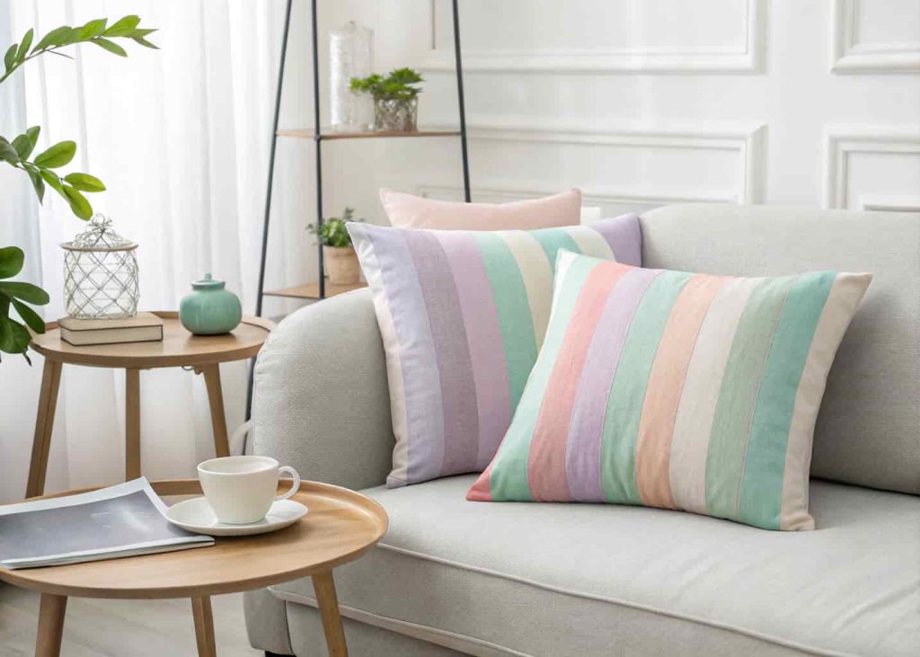 Pastel rainbow stripe throw pillows on a light gray linen sofa, soft lavender mint and blush tones, bright airy living room, minimalist Scandinavian style interior photography.