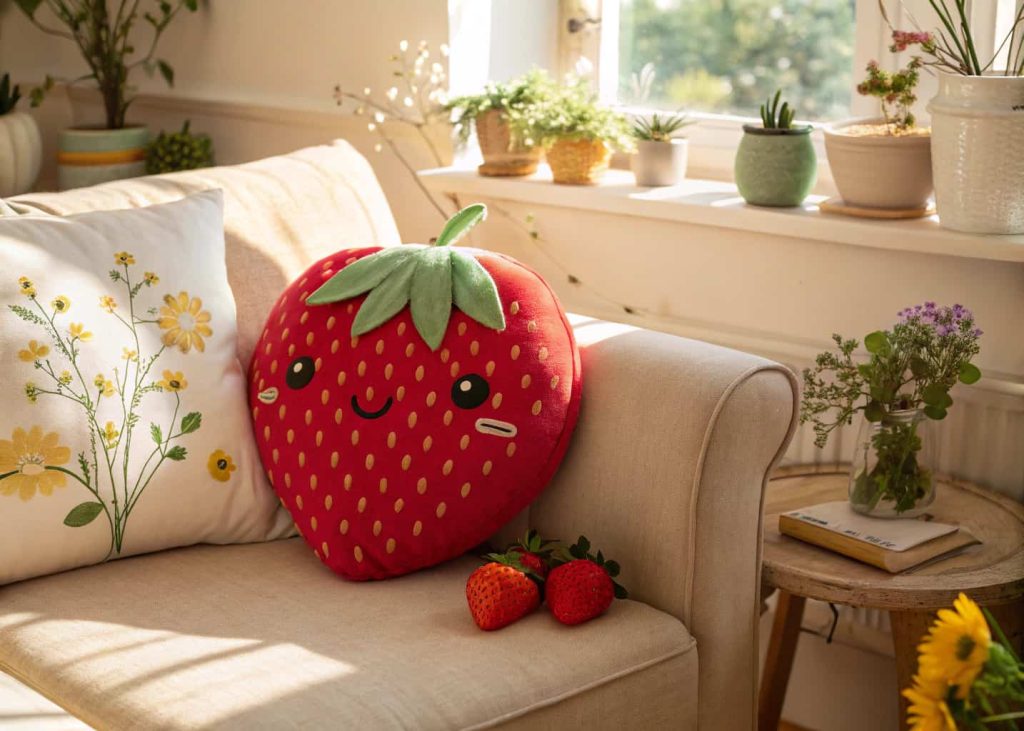A plump red strawberry-shaped novelty throw pillow on a cream sofa, cottagecore aesthetic, warm sunlight coming through window, floral and botanical decor surrounding it, cozy lifestyle photography.
