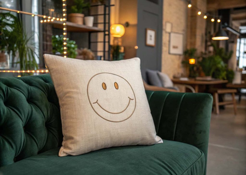 Beige linen throw pillow with a minimalist embroidered smiley face on a dark green velvet sofa, modern eclectic interior, warm ambient lighting, lifestyle interior photography.