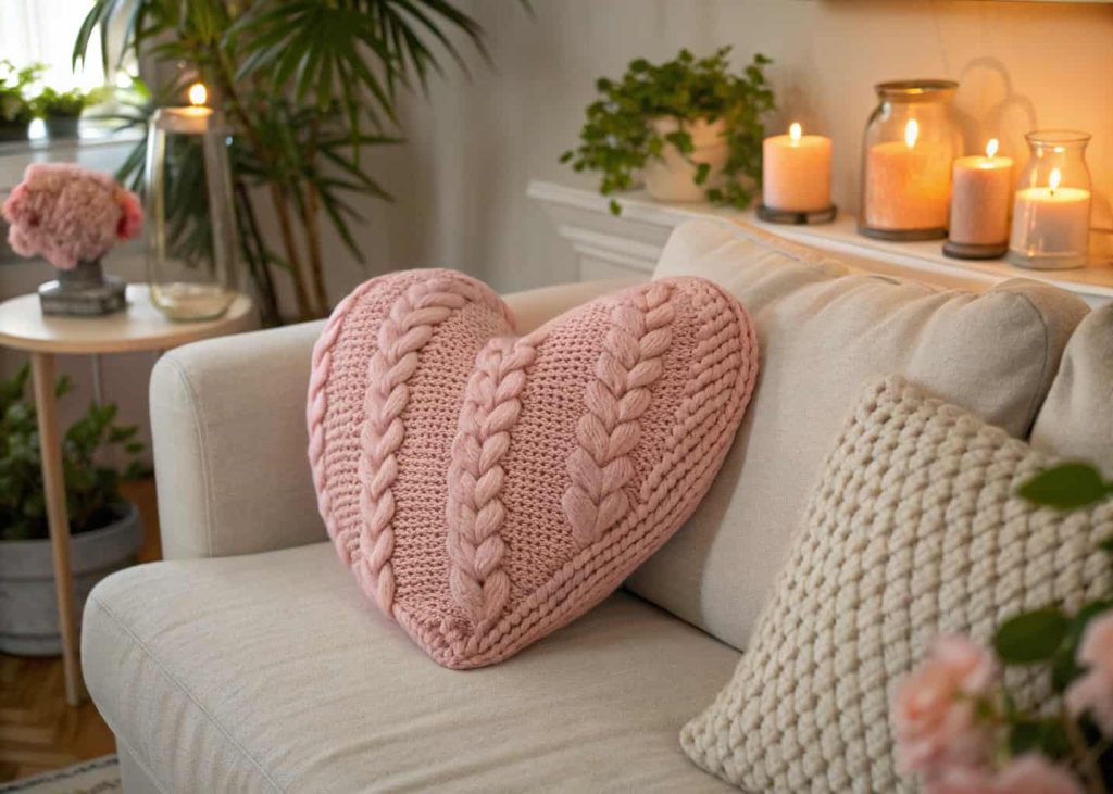 Chunky knit heart-shaped throw pillow in blush pink on a cream couch, cozy warm atmosphere, soft living room with candles and plants, close-up texture detail, warm tones photography.